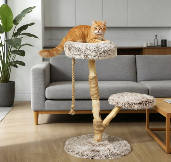 English Elm Cat Tree Tower with Jute Wrapped Pear Wood Post Dual Perches and Hanging Rope Toy T3971P432019