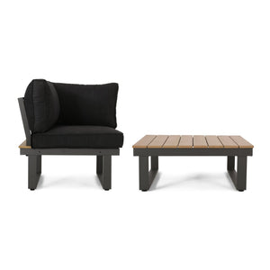 English Elm Sterling Outdoor Aluminum Sectional Sofa Set with Acacia Wood and Weather Proof Cushions STERLING -V SAHPE FGRY