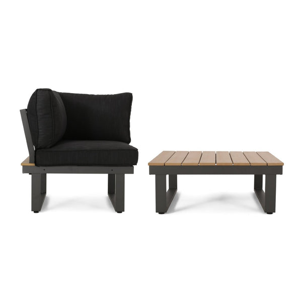 English Elm Sterling Outdoor Aluminum Sectional Sofa Set with Acacia Wood and Weather Proof Cushions STERLING -V SAHPE FGRY