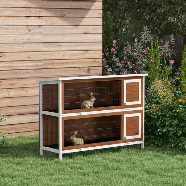 English Elm Pawhut Two Story Wooden Rabbit Hutch Outdoor Indoor Pet House with Lockable Doors W2225P229576
