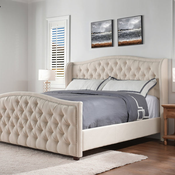 English Elm Jennifer Taylor Home - Marcella Upholstered Shelter Headboard Bed Set, King - Sky Beige, Luxurious Comfort & Style B2719P238225