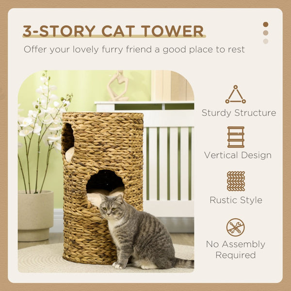 English Elm Pawhut Hand-woven Water Hyacinth Cat Tower Four-story Hideaway Caves Plush Beds W2225P217052