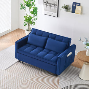 English Elm The 55-inch Blue Velvet Sofa Bed with Tufted Design, 2-Seater Convertible Couch, Durable 500lb Frame W3371P314998