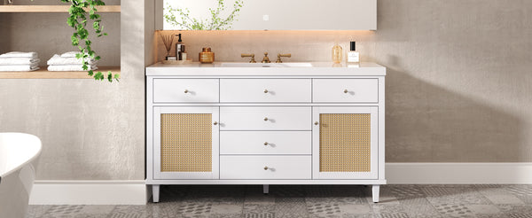 English Elm Christopher Knight Home® - 60" Modern Bathroom Vanity with Durable SMC Sink, Rattan Doors, Soft-Close Drawers, Pine Legs White N817P296130W