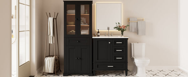 English Elm 67.57" Tall Matte Cabinet Vanity Combo with Glass Doors Soft-close Drawers Sink Black N729P000033B