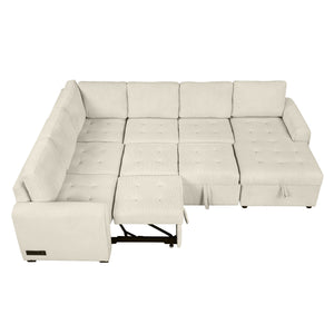 English Elm 107.5" U-shaped Sofa Sectional with Storage Chaise, Pull-Out Bed, USB Charging, Corduroy Comfort Beige N719S001570A