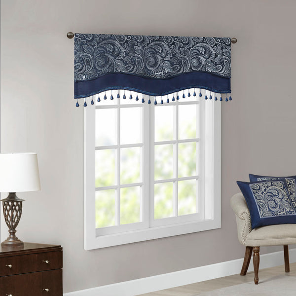 JLA Home Madison Park - Jacquard Paisley Valance with Gold Beads and Scalloped Edge — Faux Silk Piping, OEKO-TEX Certified Elegance MP41-7425