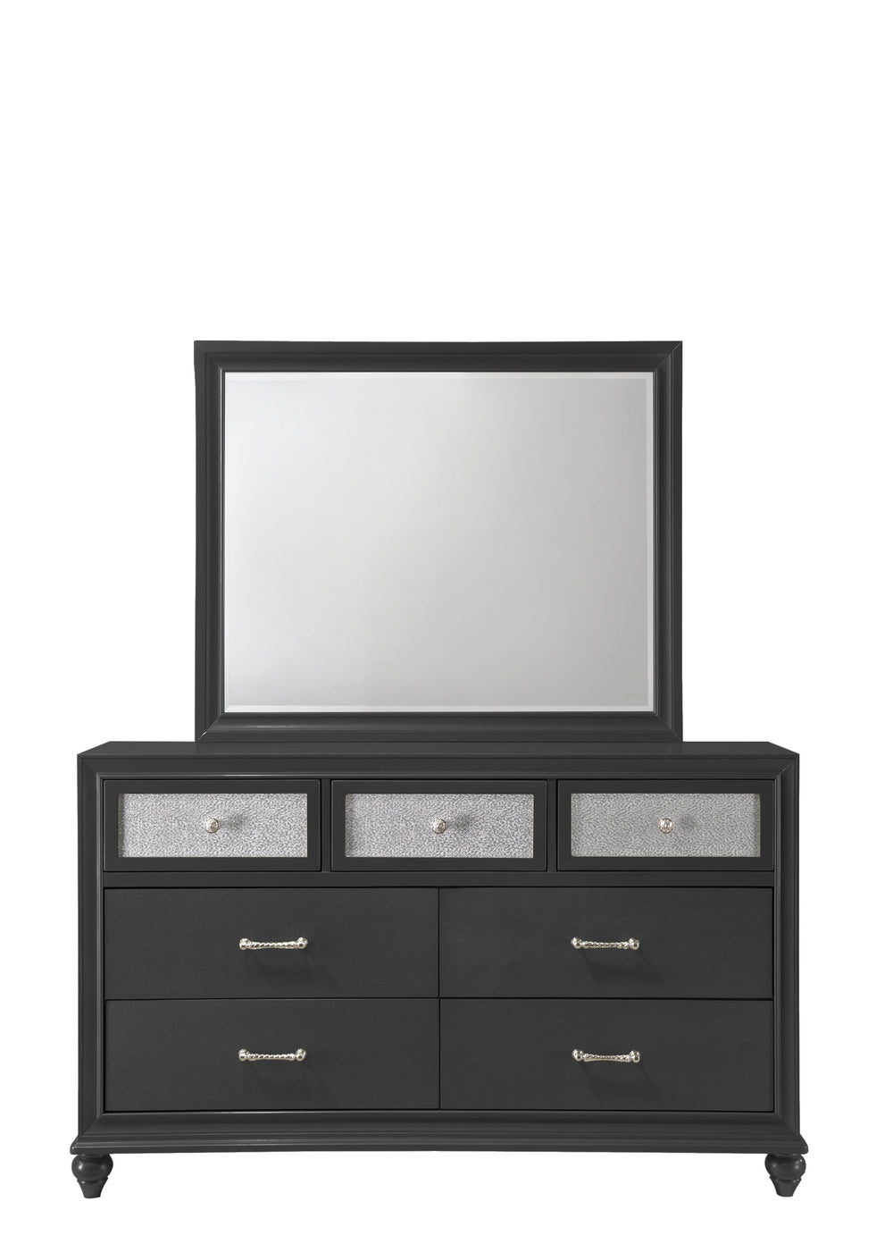 English Elm 1pc Glam Five Drawer Tall Bedroom Chest with Shimmer Accent Top Drawer, Bar Handles, Solid Wood Appeal Black 66.57 L x 19.33 W x 36.54 H B011P234294