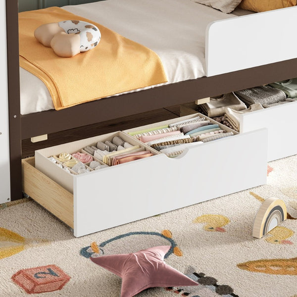English Elm Twin House Frame Bed Pine Wood with Storage Drawers and Shelves for Kids Bedroom W1580S00573
