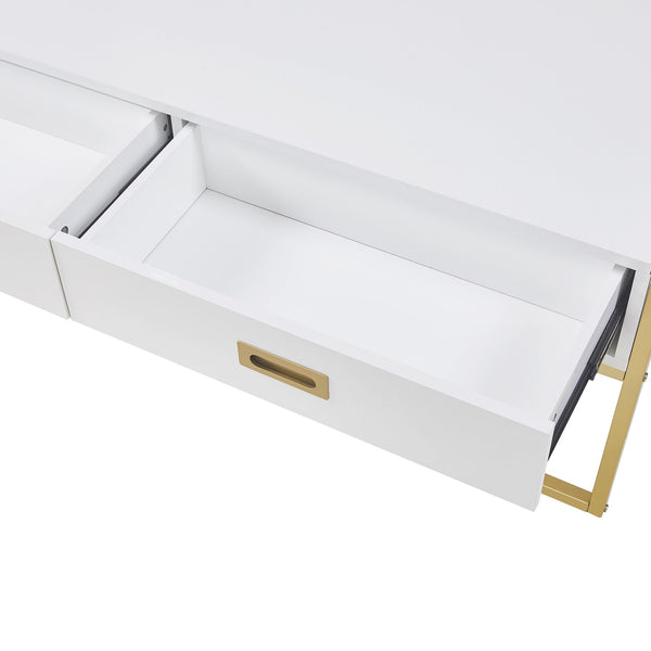 English Elm Modern 47.3" Rectangular Coffee Table with White MDF Top, Gold Metal Base & 4 Spacious Drawers, Luxe-functional Design N735P305626K