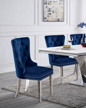 English Elm Contemporary Elegant Flannelette Wingback Dining Chair Set with Button Tufting, Nailhead Trim & Chrome Legs Blue 32 L x 26 W x 23 H B011P208975