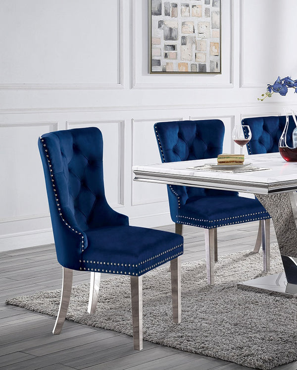 English Elm Contemporary Elegant Flannelette Wingback Dining Chair Set with Button Tufting, Nailhead Trim & Chrome Legs Blue 32 L x 26 W x 23 H B011P208975