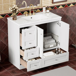 English Elm 36 Inch Shaker Bathroom Vanity with Ceramic Sink Four Soft Close Drawers White Mdf N729P414619K