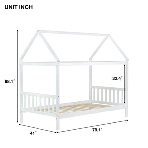 English Elm Twin House Bed with Headboard and Footboard — Space-Saving Rubberwood Frame, Playful Architectural Design White W504P225951