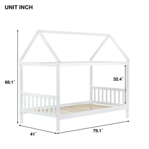 English Elm Twin House Shaped Kids Bed Solid Rubberwood Platform Frame with Storybook Silhouette W504P363904