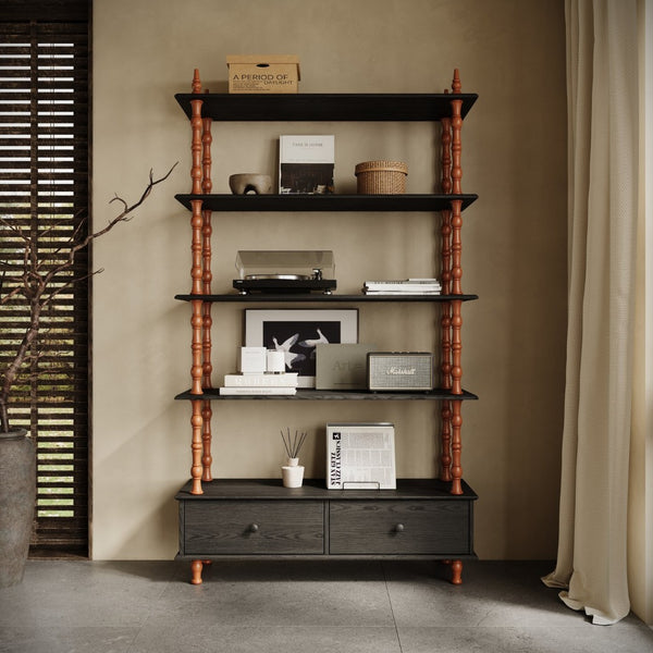 English Elm Bookcase Five Tier Matte Black Solid Wood Veneer Shelving Unit with Base Drawers W2263P434053