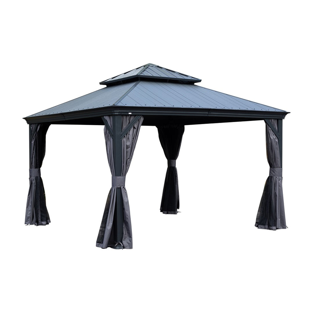 English Elm 10x12ft Lean to Hardtop Gazebo Wall Mounted Steel Roof Shelter for Deck Patio W1859S00184
