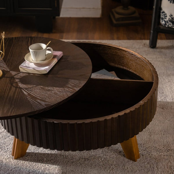 English Elm 31.5" Round Mid-century Coffee Table with Lower Shelf Solid Wood Legs and Mdf Top Brown W757P370297