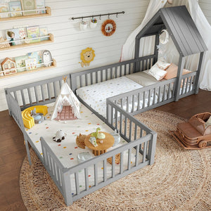 English Elm Twin House Floor Bed with Door and Full-Length Guardrails, Solid Wood Double Twin Floor Bed for Kids' Playful Rooms Grey W1580P354638