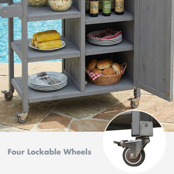 English Elm Foldable Outdoor Kitchen Cart with Stainless Worktop Fir Wood Frame and Lockable Wheels Grey N719P380281K