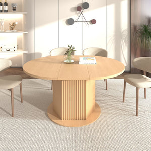 English Elm Round Adjustable Dining Table 47–63" for 4–6, Light Brown MDF & Rubberwood, Bump-Texture Base, 300lb Capacity W1347P296655