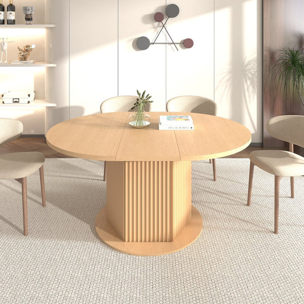 English Elm Round Adjustable Dining Table 47–63" for 4–6, Light Brown MDF & Rubberwood, Bump-Texture Base, 300lb Capacity W1347P296655