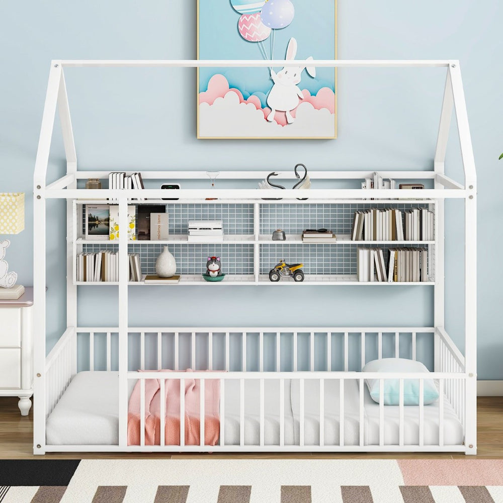 English Elm Twin House Frame Bed Powder Coated Steel with Built in Shelves for Kids Room N737P175360K