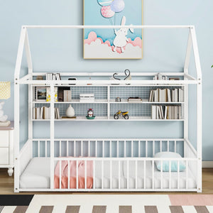 English Elm Twin House Frame Bed Powder Coated Steel with Built in Shelves for Kids Room N737P175360K