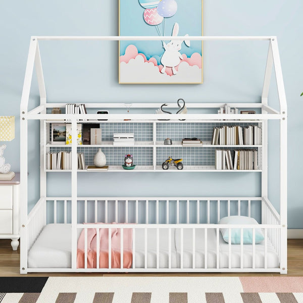 English Elm Twin House Frame Bed Powder Coated Steel with Built in Shelves for Kids Room N737P175360K