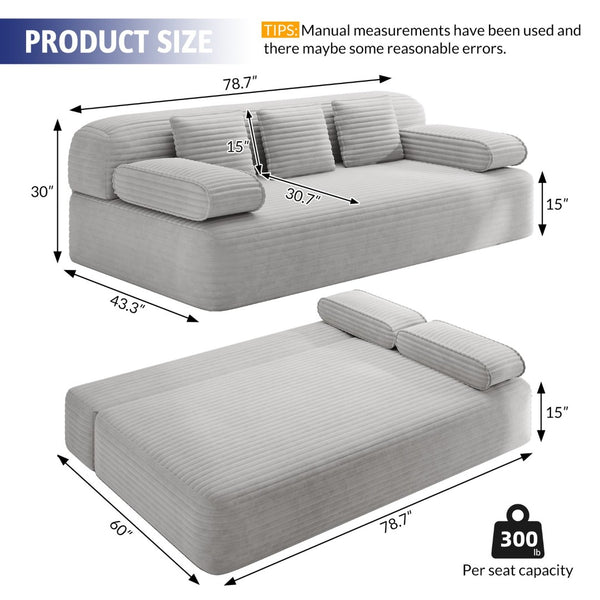 English Elm 78.7" Frameless Convertible Corduroy Sofa Sleeper Queen Bed for Compact Living Spaces Light Grey W3219P427164
