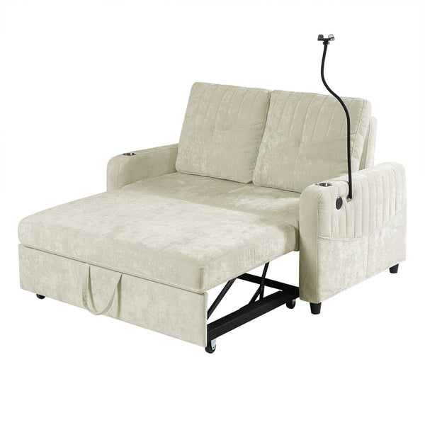 English Elm 53.9" Modern Loveseat Pull-Out Sofa Bed with Adjustable Backrest, Cup Holders, USB Charging Ports & Storage Beige N719S001650A