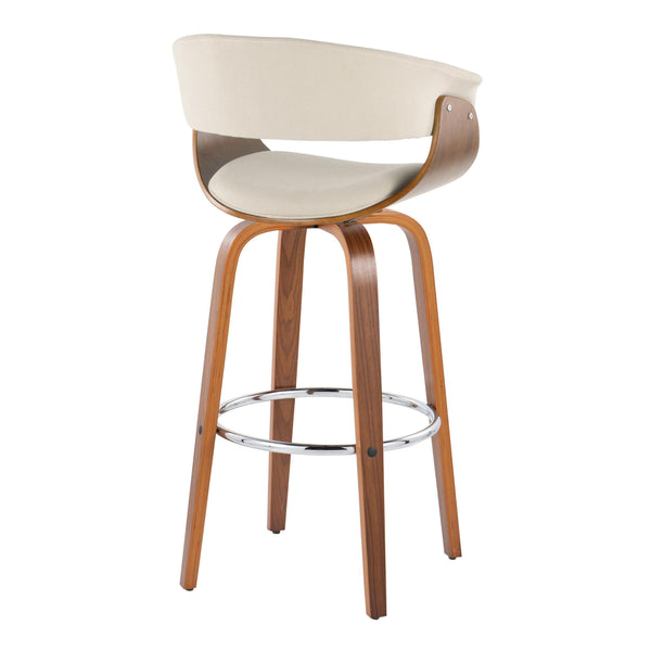 English Elm Vintage Mid-Century Barstool 30" Fixed-Height Swivel with Walnut Legs, Cushioned Backrest & Chrome Footrest Cream B202S00727