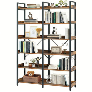 English Elm 6-Tier Industrial Bookshelf 67" Black+Brown Metal Frame with 12 Open Shelves, Edge Guards & Stable Design W3204P354206