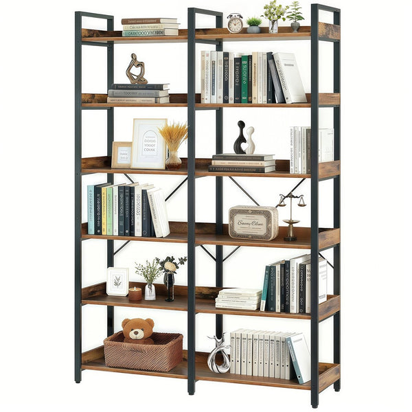 English Elm 6-Tier Industrial Bookshelf 67" Black+Brown Metal Frame with 12 Open Shelves, Edge Guards & Stable Design W3204P354206
