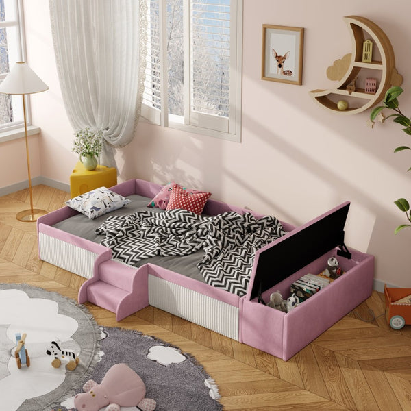 English Elm Twin Velvet Kids Daybed with Built-in Stairs Padded Guardrails and Gas Lift Storage Pink+White SF000201AAH
