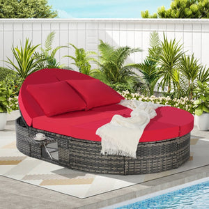English Elm Outdoor Round Pe Rattan Daybed with Reclining Backrest and Built in Cup Trays Red W874S00082
