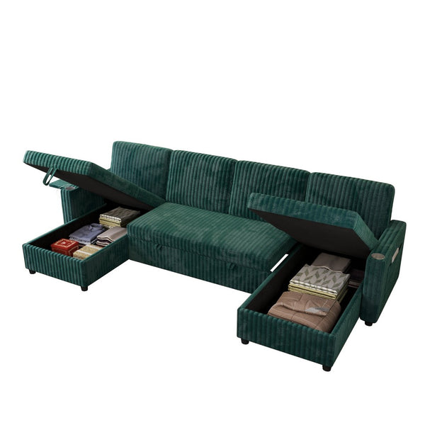 English Elm U Shaped Sectional Sleeper Sofa Corduroy Pull Out Bed with Storage Living Room W1825P501595