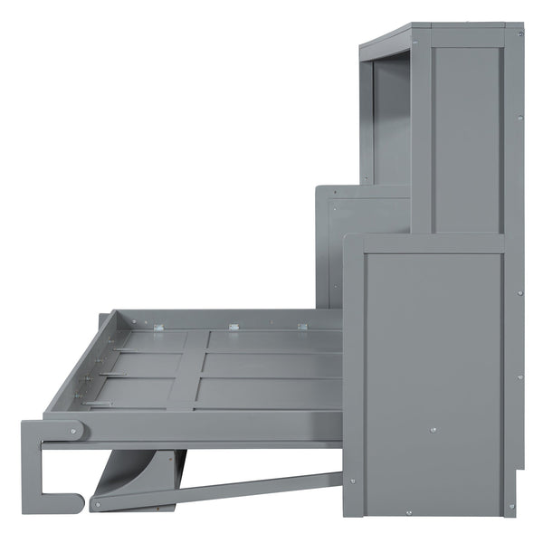 English Elm Full Size Murphy Bed With Hydraulic Lift & Integrated Desk For Space-Saving, Gray Pinewood Design N820S00032E