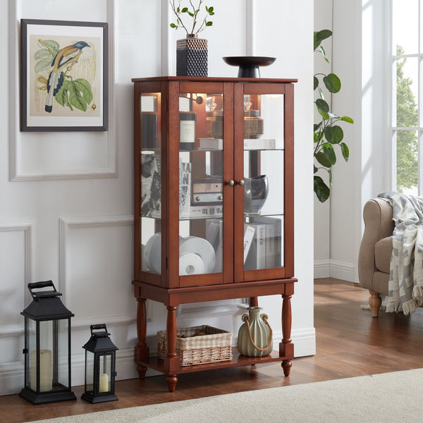 English Elm Curio Lighted Display Cabinet with Mirrored Back, Tempered Glass Doors, Solid Wood Legs, Compact Walnut W1693P216941