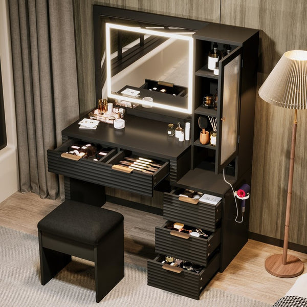 English Elm 43.5" Fluted Black Makeup Vanity with Lighted Mirror Charging Station and Storage Stool N704P340248B