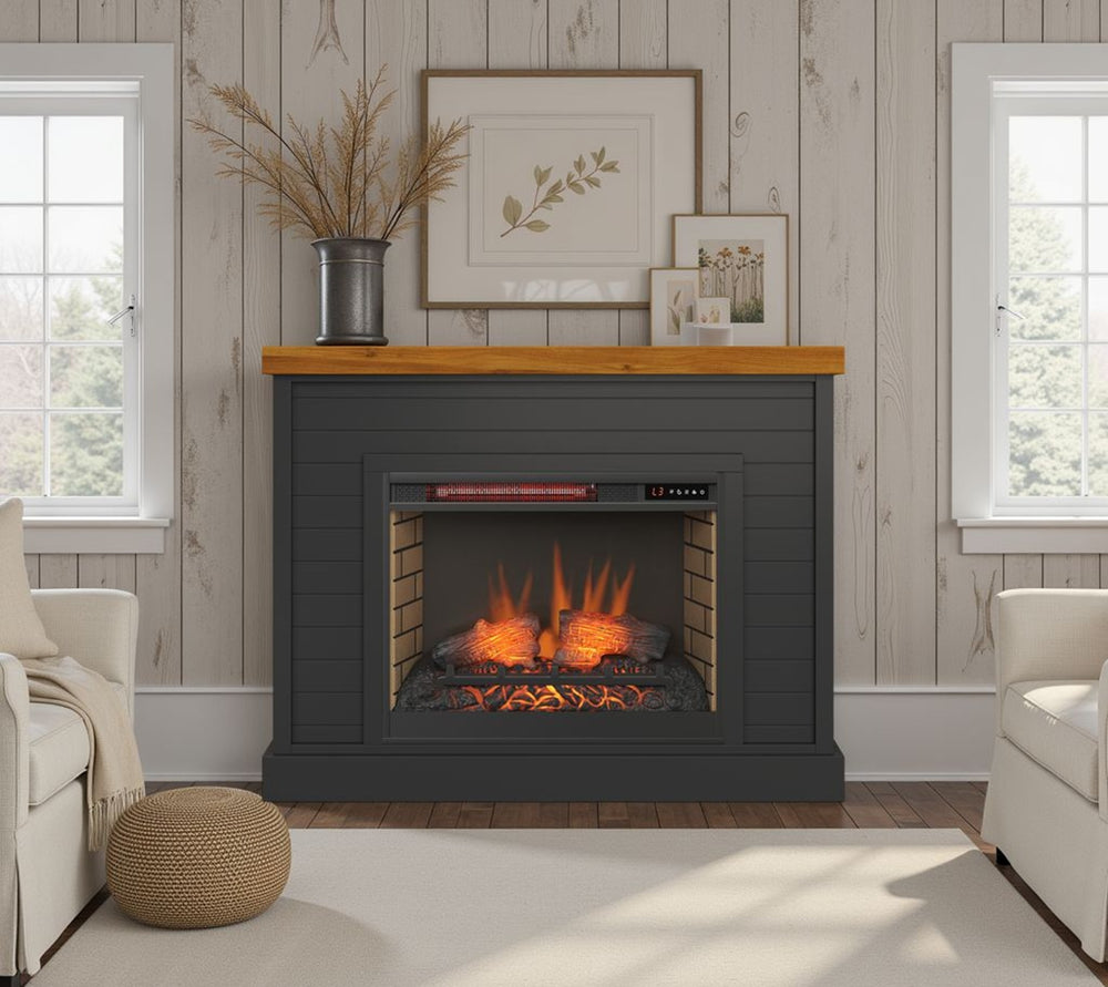 English Elm 48 inch Modern Farmhouse Fireplace Mantel with 28" Electric Insert, Two-Tone Black & Whiskey Charm B108131560