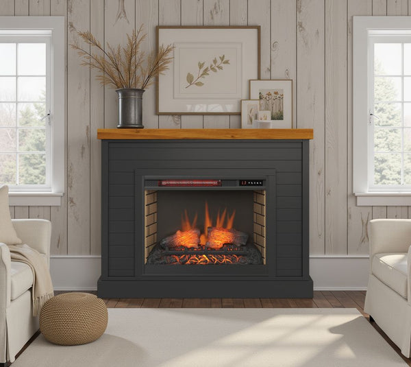 English Elm 48 inch Modern Farmhouse Fireplace Mantel with 28" Electric Insert, Two-Tone Black & Whiskey Charm B108131560