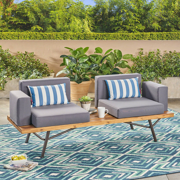 English Elm Christopher Knight Home® - Outdoor Acacia Wood 2 Seater Sofa with Water-Resistant Cushions, Rustic Metal Legs, Teak Finish 62255.00TFNH