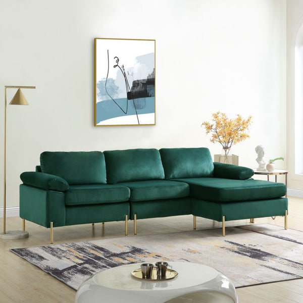 English Elm Coastal Tufted Velvet L-shaped Sectional Sofa with Brass Gold Legs Mid-century Glam Green B2730S00018
