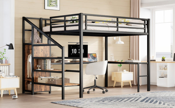 English Elm Queen Size Loft Bed With L-Shaped Desk, Usb Ports & Led Light - Modern Metal Frame For Stylish Spaces W1580S00180-GIGA