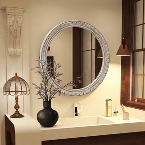English Elm Round Rattan Textured Wall Mirror Natural Woven Frame Bohemian Accent for Any Room W2295P414104