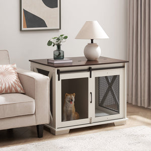 English Elm Farmhouse Dog Cage Crate Furniture with Sliding Barn Door, Secure Metal Latch, Flip-Up Top Access and Removable Divider for Small to Large Dogs (40.94x30.51x6.69) White W2275P164726