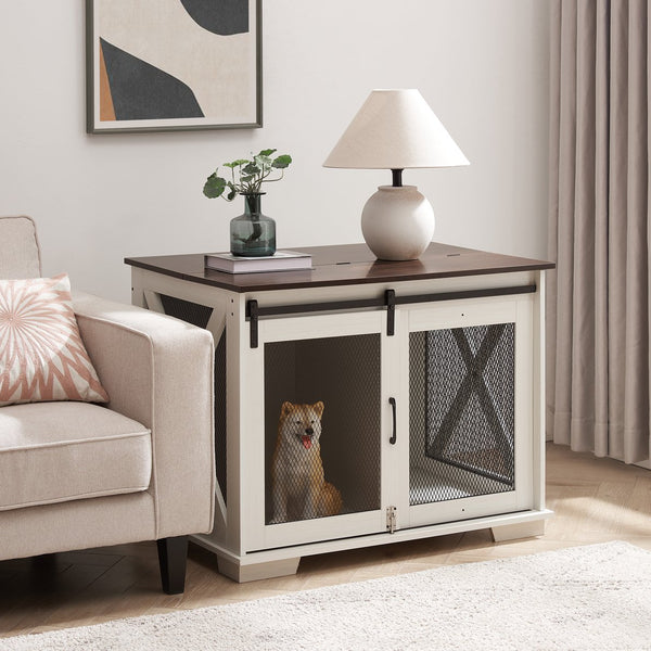 English Elm Farmhouse Dog Cage Crate Furniture with Sliding Barn Door, Secure Metal Latch, Flip-Up Top Access and Removable Divider for Small to Large Dogs (40.94x30.51x6.69) White W2275P164726