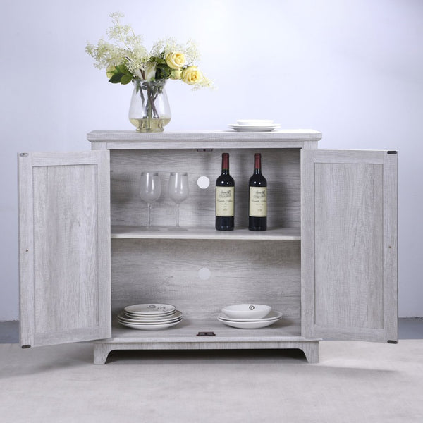 English Elm Elegant Mirrored Sideboard with Butterfly Carved Doors Wood Grain Finish Dining Storage Light Gray W2899P372740
