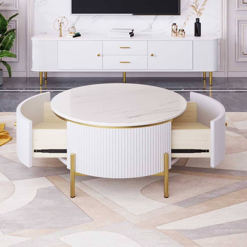 English Elm Modern Round Coffee Table with 2 Large Drawers, Marble-Pattern MDF Top & Gold Legs for Stylish Storage N735P211280K